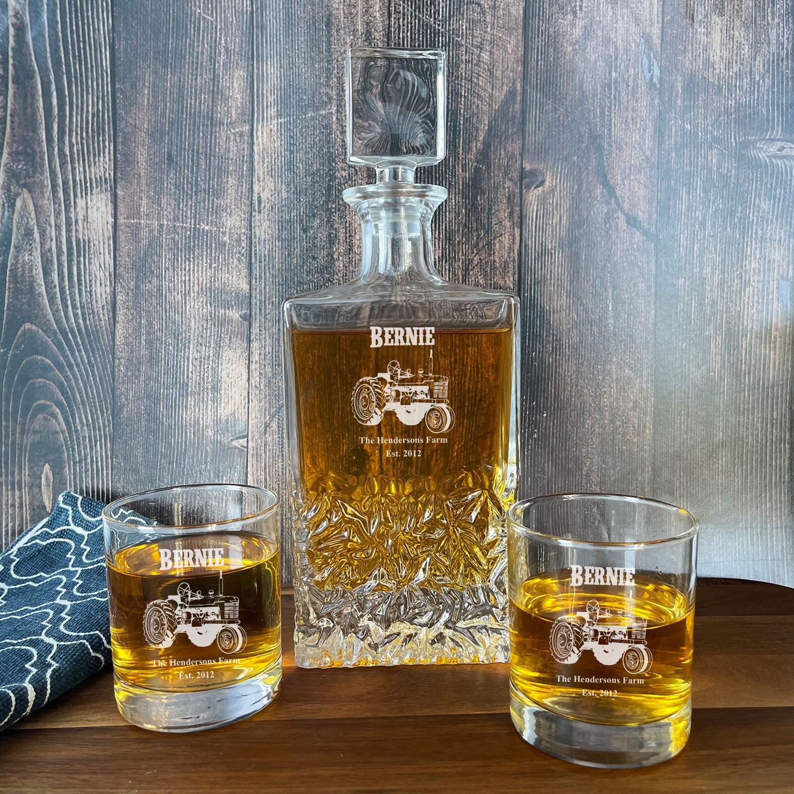 Personalized Whiskey Decanter, Glass, Ice Ball & Coaster Set - Teals  Prairie & Co.®