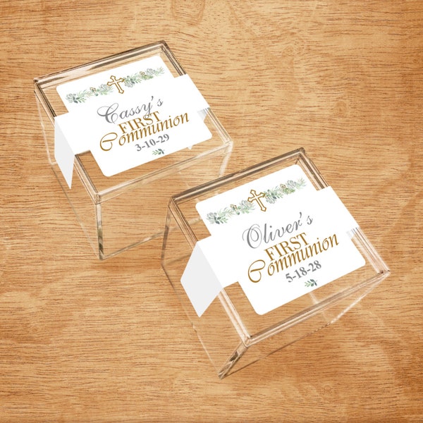 Set of 10 First Communion Greenery Personalized Clear Acrylic Square Cubes Treat Boxes, First Communion Personalized Square Favor Box DM111