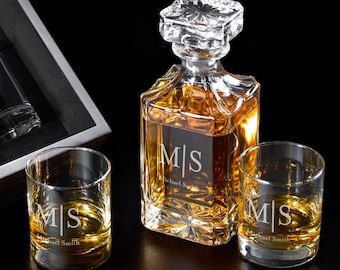 Monogram Personalized Classic Whiskey Decanter Set or Whiskey Rock Glass, Personalized Engraved Whiskey Decanter Gifts