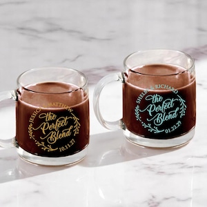 Set of 18 The Perfect Blend Personalized Clear Coffee Mug Favors, Clear Coffee Mug, Wedding Favors DM19