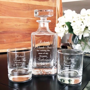 Thank You For Raising The Man Of My Dreams Personalized Classic Decanter or Whiskey Rock Glass, Etched Glass, Dad&#39;s Gift DM51-V1