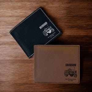 Tractor Personalized Engraved Leather Bi-fold Wallets, Personalized Leather Wallet Gifts, Farm Tractor Gift, Farmer Gifts DM97