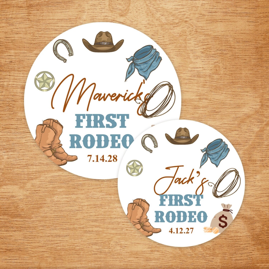 First Rodeo Personalized Round Stickers: Cowboy Birthday Party Labels ...