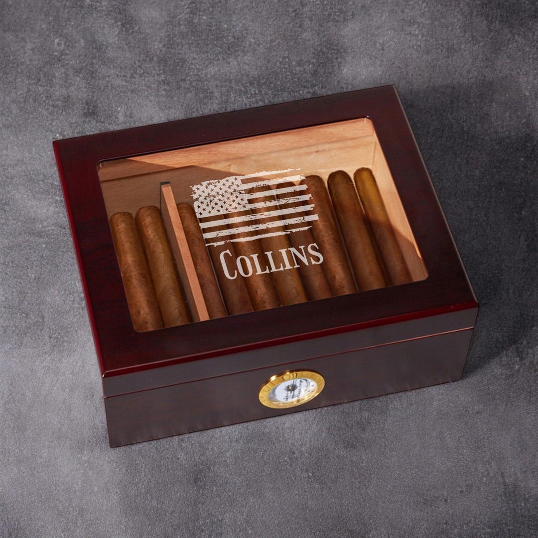 American Flag Personalized Engraved Cherry Wood Cigar Humidor 50 Count ...