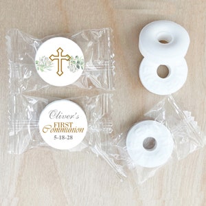 Set of 25 First Communion Flowers Personalized Life Saver Mint Favors Cross First Communion Favors, Life Saver Mint Party Favors DM111