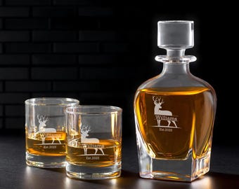 Hunting Personalized Lismore Whiskey Decanter or Whiskey Rock Glass, Whiskey Decanter Set, Hunting Gifts, Best Gifts for Hunters DM883
