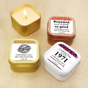 Set of 12 Class Reunion Personalized Square Travel Candle Tins, Personalized Travel Candle Tins with Labels, Class Reunion Favors DM568