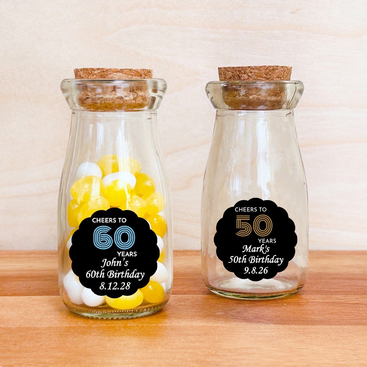Birthday Favors, Set of 12 Cheers to Years Personalized Vintage Milk Bottle Favor Jar with Labels, Personalized Milk Bottle Favors DM145