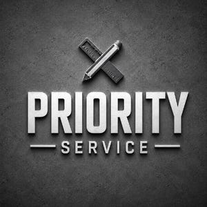 May include: A gray textured surface featuring the text PRIORITY SERVICE in bold capital letters. Above the text, a pencil and a small ruler are positioned in an X-shape. The design is monochromatic with a matte finish and clean typography.