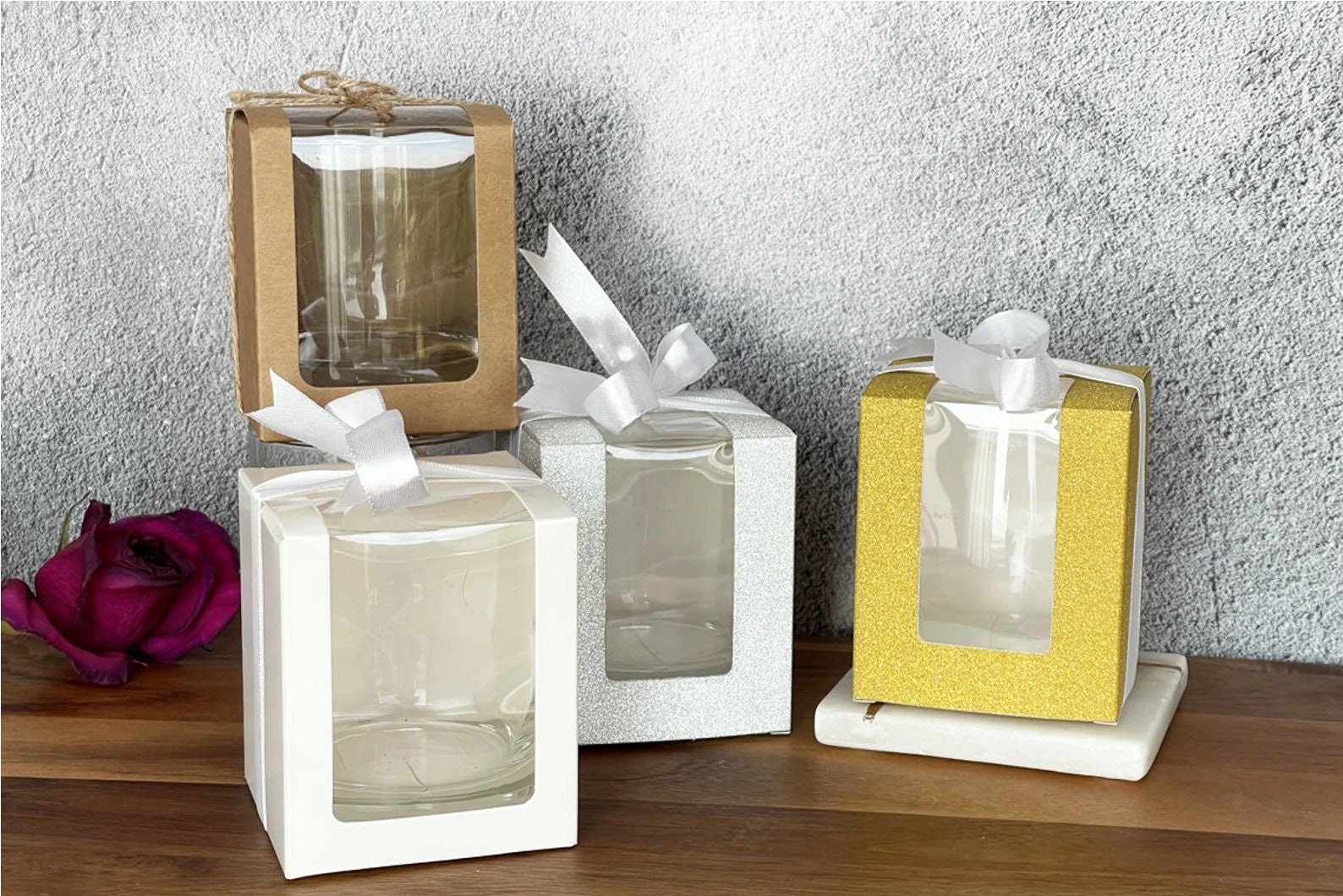White Window Stemless Wine Glass Gift Box with White Satin Bow: 3 x 3 x 3.5