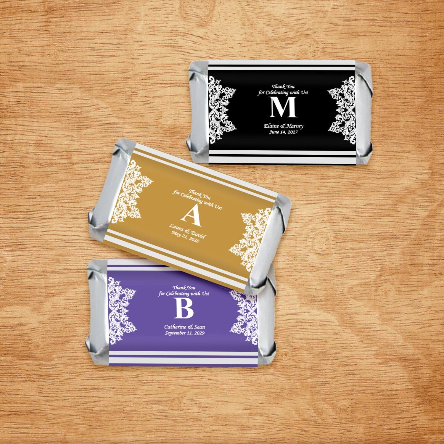 Set of 30 Damask Custom Wedding Personalized Hershey's Mini Edible Favorsatures Labels, Damask Personalized Hershey's Mini DM78-16