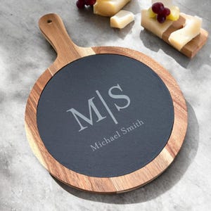Custom Monogram Personalized Slate & Wood Paddle Cheese Board, Personalized Monogram Cheese Board, Cutting Board Gifts