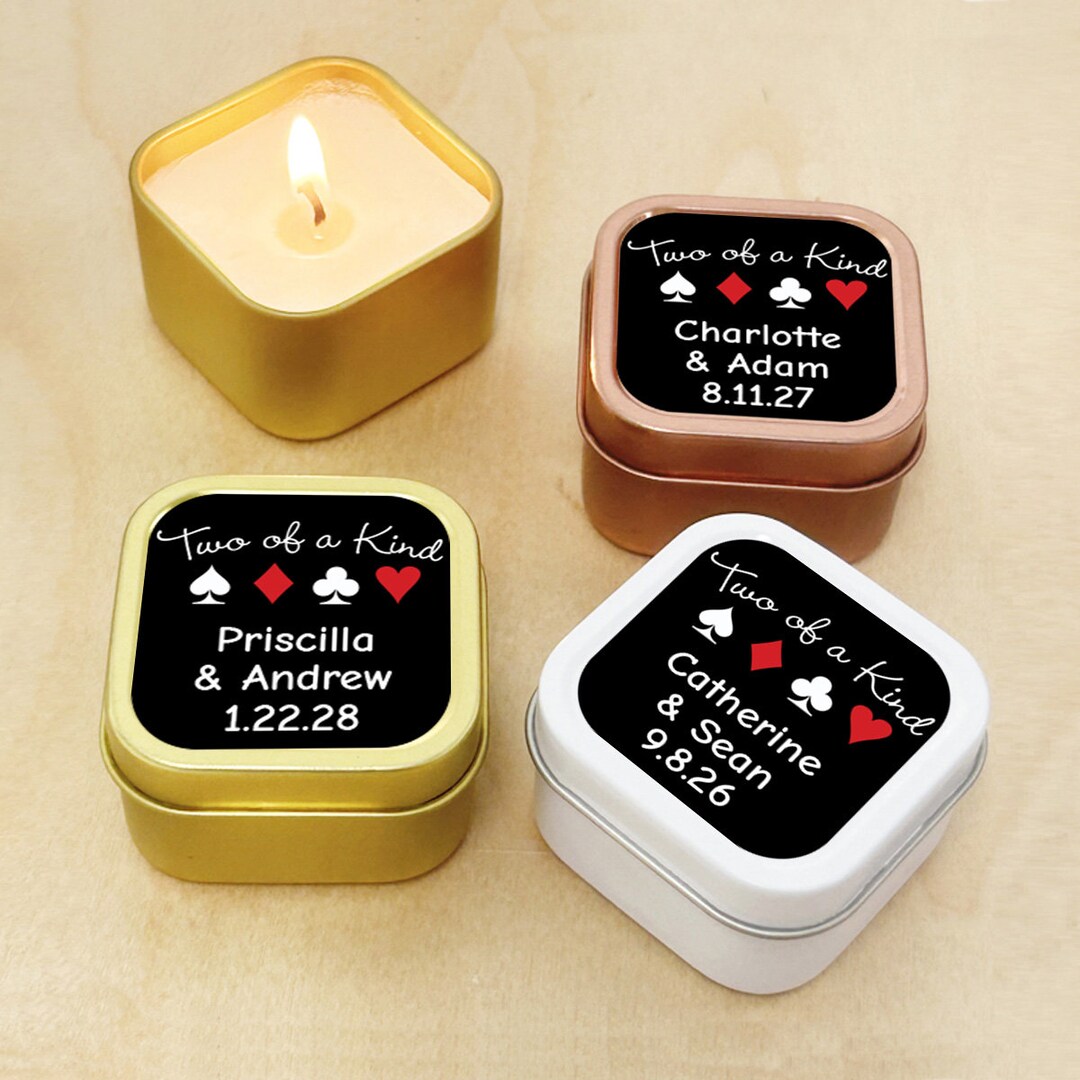 Set of 12 Two of a Kind Wedding Personalized Travel Candle Tins ...