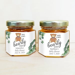 Set of 12, We Can Bearly Wait Baby Shower Personalized Mini Honey Jar Favors, Teddy Bear Baby Shower Honey Jar Party Favors DM77