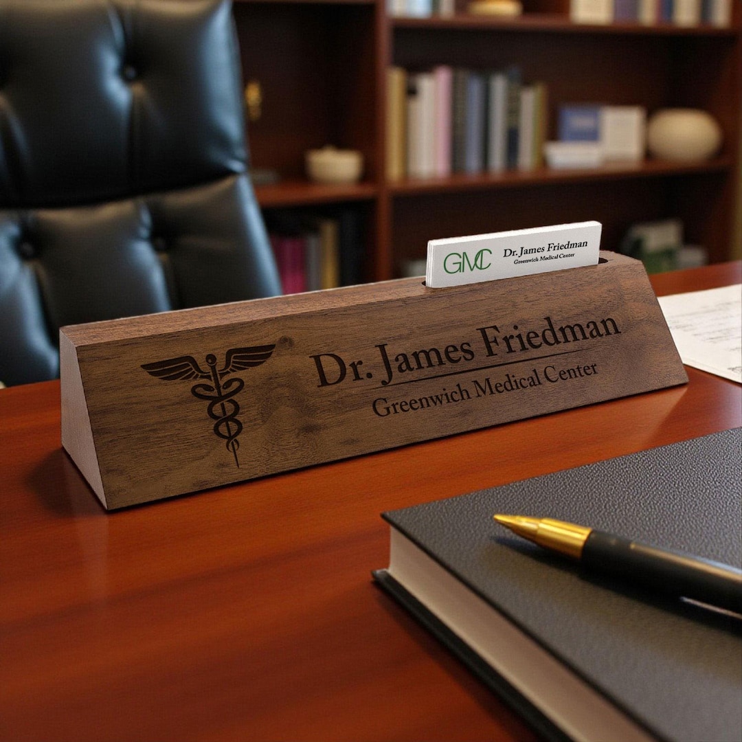 Engraved Walnut Caduceus Desk Name Plate with Business Card Holder: Personalized Doctor Me