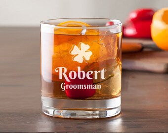 Four-Leaf Clover Custom Personalized Whiskey Rock Glass, Whiskey Lovers Gifts, DM882ST, Etched Glass, Rock Glass