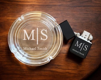 Monogram Personalized Etched Engraved Round Cigarettes Ashtray Etched Glass, Personalized and Custom Round Ashtray or Lighter