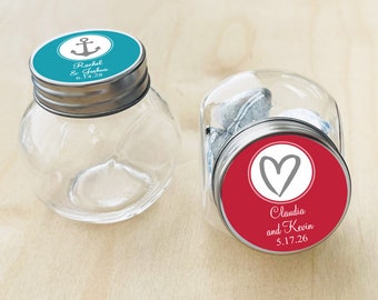 Set of 12 Personalized Mini Glass Candy Jars with Labels: Wedding Favors
