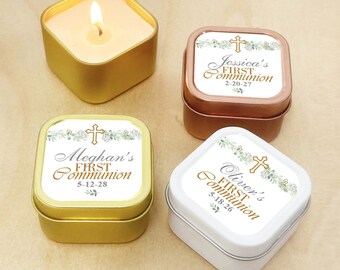 Set of 12 First Communion Personalized Wax Filled Mini Candle Tins, Primera Comunion Personalized Candle Tin Favors DM111