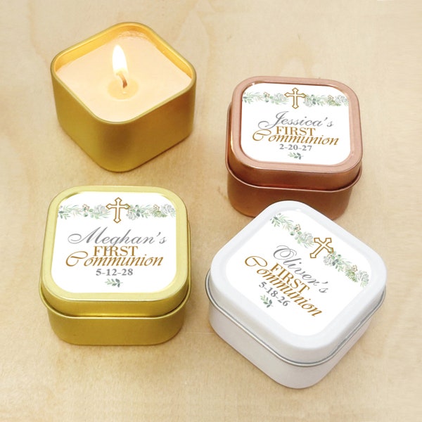 Set of 12 First Communion Personalized Wax Filled Mini Candle Tins, Primera Comunion Personalized Candle Tin Favors DM111