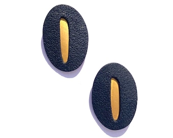Polymer Clay Earrings, Big Oval Black and Gold Earrings, Modern Lightweight Studs, Gift for Her, Handmade Earrings, Handcrafted Jewelry