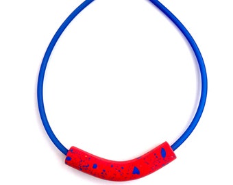 Tube Necklace, Polymer Clay Necklace, Red and Blue, Blue Rubber Cord, Handmade, Gift for Her, Statement and Lightweight Necklace