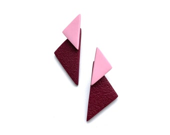 Polymer Clay Earrings, Double Triangle Earrings, Geometrical Earrings, Bordeaux & Pink Earrings, Lightweight Earrings, Gift For Her