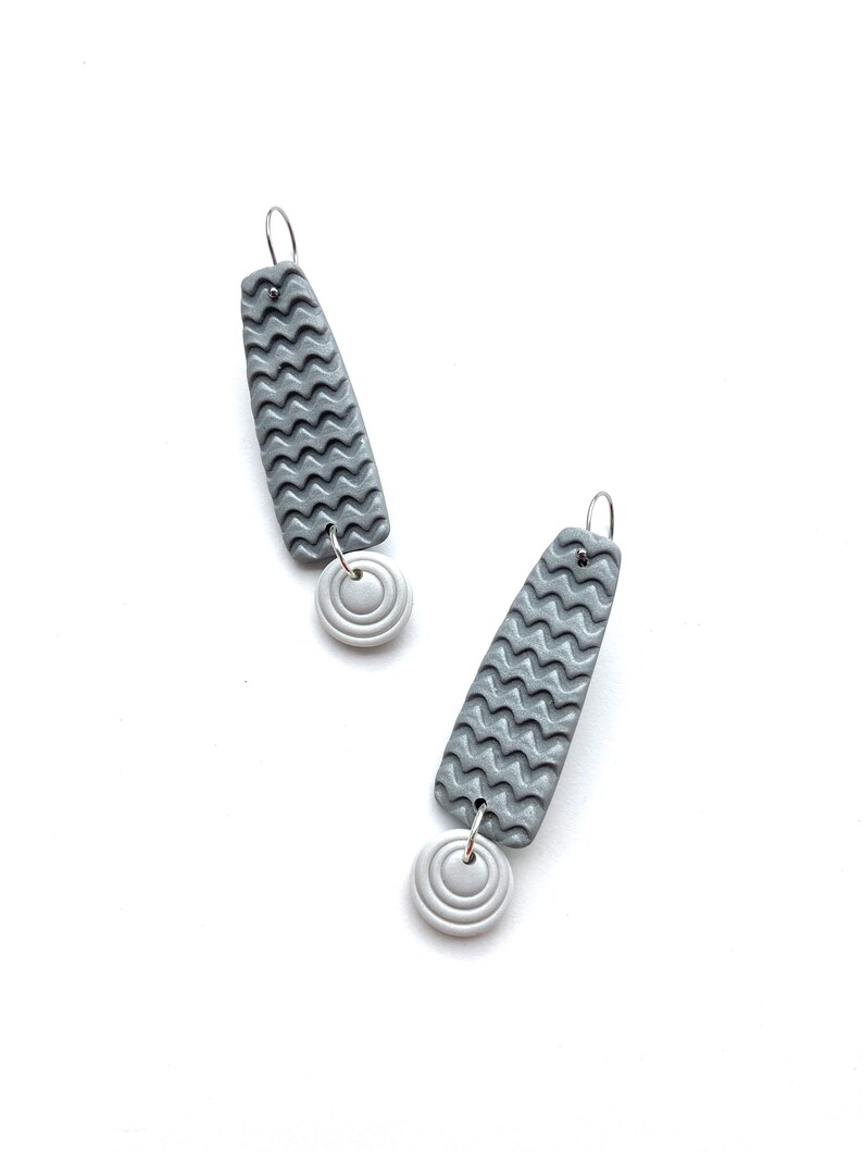 Polymer Clay Earrings, Long Drop Earrings, Metallic Silver Earrings, Statement Earrings, Lightweight Earrings, Special Gift image 4