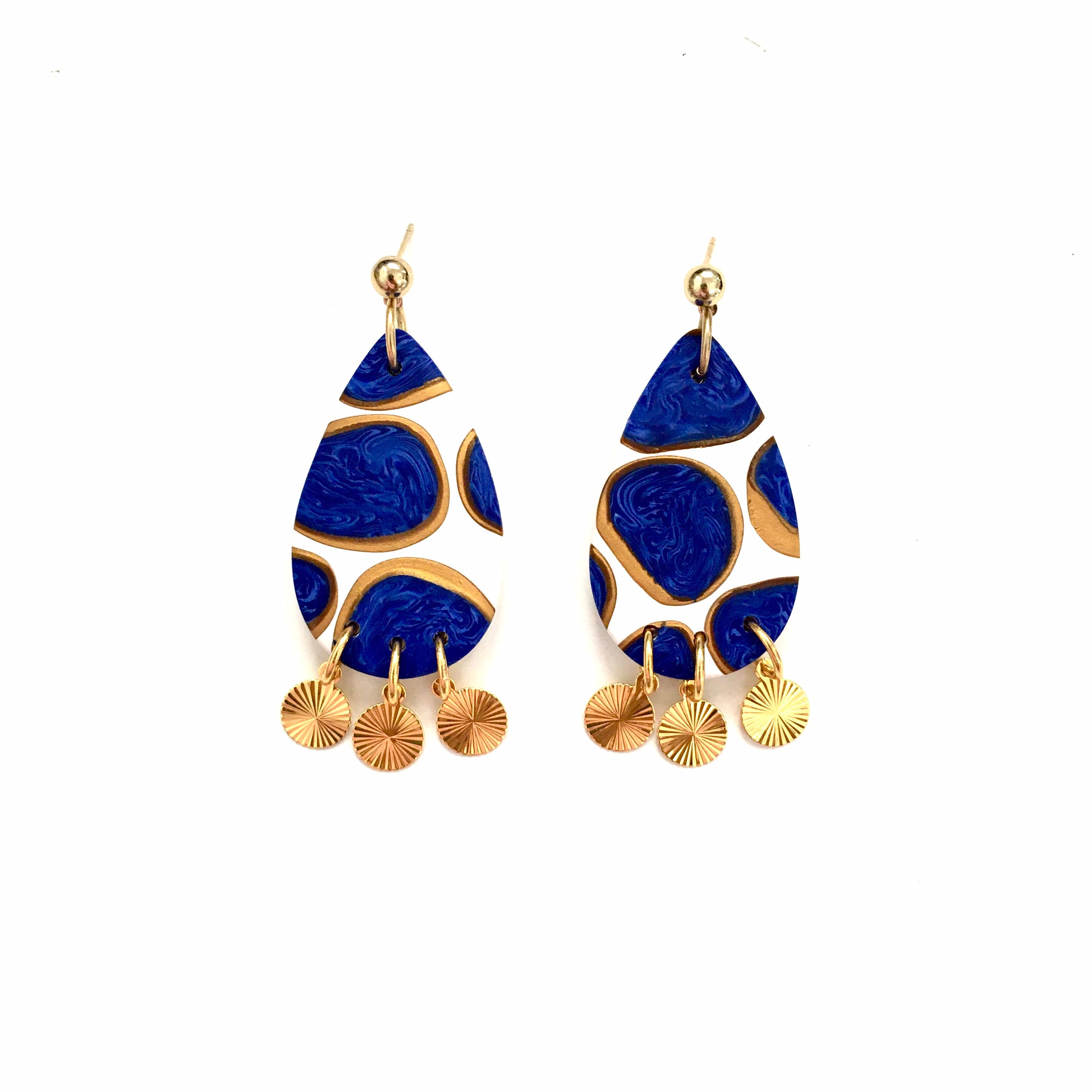 Polymer Clay Earrings, Teardrop Earrings, Blue, White & Gold Earrings