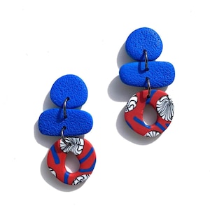 Polymer Clay Earrings, Colorful Drop Earrings, Modern Lightweight Earrings, Red Patterned Long Earrings, Gift for Her, Handmade Earrings