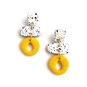 Polymer Clay Earrings, Long Drop Earrings, Black and White, Yellow Earrings, Lightweight Earrings, Gift for Her, Handmade Earrings