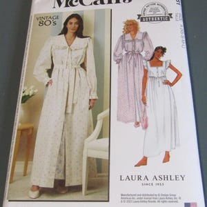 May include: McCall's sewing pattern featuring vintage 80s designs. The pattern includes illustrations of long dresses and robes. The Laura Ashley brand is also featured. The pattern is designed and printed in the USA.