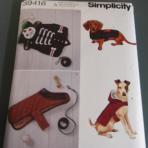 May include: Simplicity sewing pattern S9416 for dog costumes. The pattern includes four different costumes: a skeleton, a vest, a hooded jacket, and a vest with a bone design. The pattern is for sizes S-L.