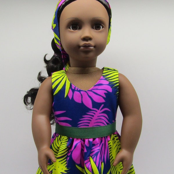 18" Doll Handmade Authentic African Print Dress & Head Wrap: Hot Pink and Yellow