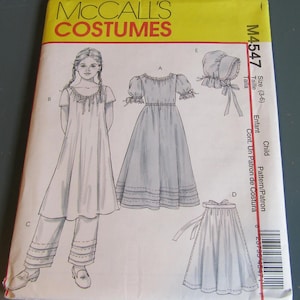 May include: A sewing pattern for a child's costume. The pattern includes a dress, pants, and a bonnet. The pattern is for sizes 3-6. The pattern is from McCall's Costumes and the pattern number is M4547.