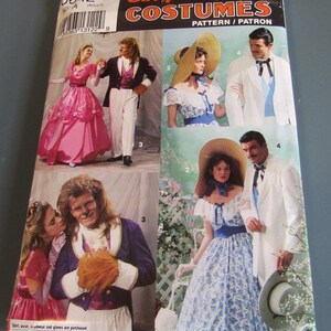 May include: Simplicity Costumes pattern featuring various adult costume designs. The cover showcases images of a pink ball gown, a white suit with a blue vest, and a blue floral dress. The text "COSTUMES" is prominently displayed.