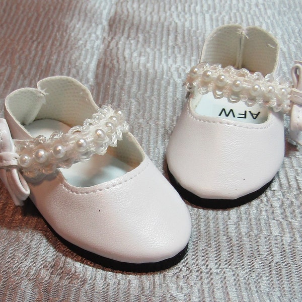 18" & 15" Doll Lace and Pearl Dress Shoes: White