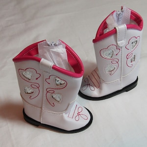 18 inch Doll Western Boots: White & Hot Pink w Hearts