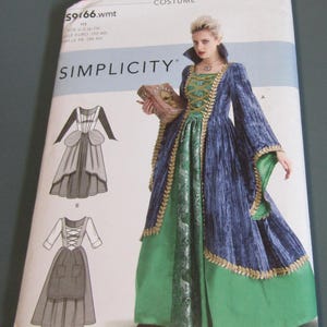 May include: A Simplicity sewing pattern envelope for a costume, model 59166.wmt, featuring illustrations of three dress variations. The main image shows a long-sleeved blue velvet gown with gold trim, a green patterned front panel, and a high collar.