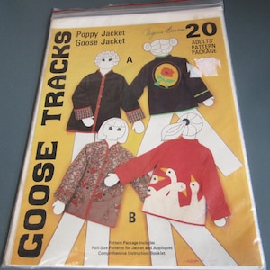 May include: A Goose Tracks pattern package for adults containing full-size patterns for a Poppy Jacket and a Goose Jacket. The yellow cover features illustrations of four jackets with various designs, including a red poppy and white geese.