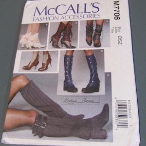 May include: McCall's Fashion Accessories sewing pattern featuring various boot designs. The pattern includes images of boots with heels, straps, and decorative elements. The pattern is labeled M7706 and includes the size OSZ.