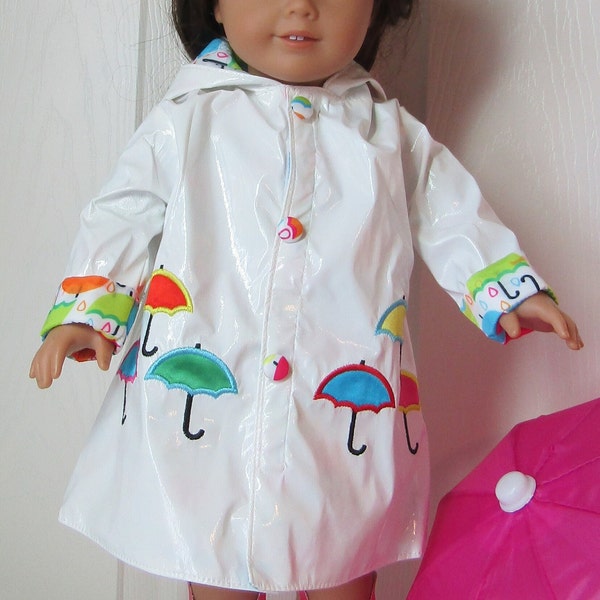 18" Doll Appliqued Raincoat: White