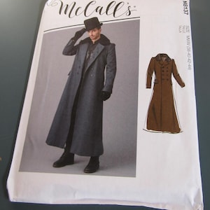 May include: McCall's sewing pattern for a long, double-breasted coat with a faux fur collar. The pattern features a full-length coat design with a tailored fit. The image shows a man wearing the coat and a line drawing of the coat.