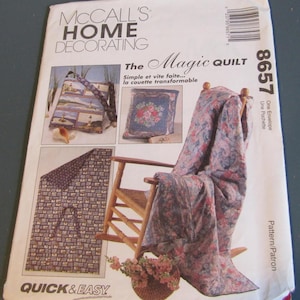 May include: McCall's Home Decorating pattern for a Magic Quilt. The pattern includes instructions for a pillow, a tote bag, and a quilt. The quilt is shown draped over a rocking chair. The pattern is quick and easy.