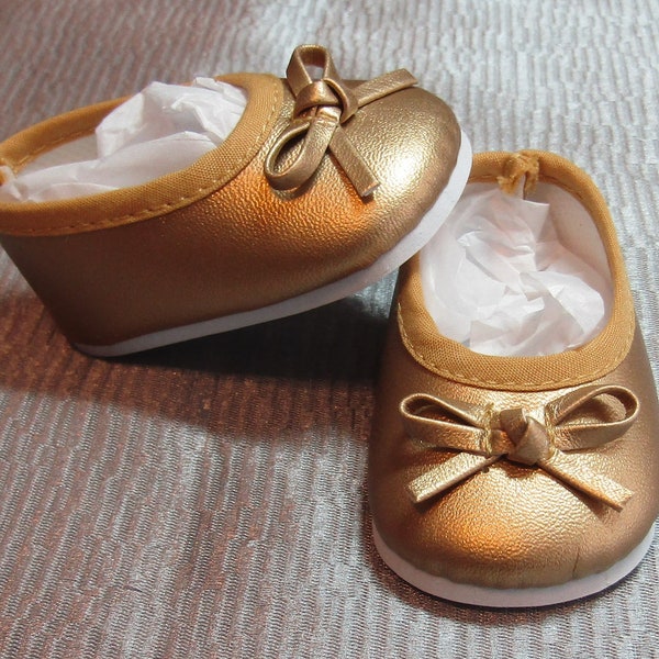 18" & 15" Doll Ballet Flats w Thin Bow: Gold