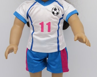 18" Doll 6 Pc Soccer Outfit: Blue, Pink & White