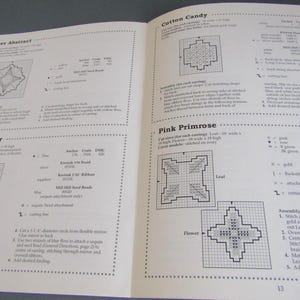 May include: Two open pages of a book featuring cross-stitch earring patterns. Designs include "Amber Abstract," "Cotton Candy," "Royal Splendor," and "Pink Primrose." Each pattern has a diagram, colour key, and instructions.