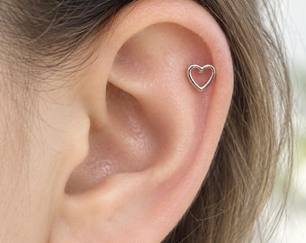 Heart Cartilage Earring, Titanium, Surgical Steel Stud Conch Helix Piercing, 16G 20G 21G