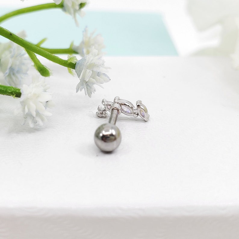 May include: Silver barbell earring with a clear crystal leaf design.