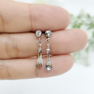 16G Spoon & Fork dangle Surgical Steel Stud Earring/Cartilage/ Helix Piercing